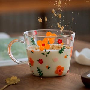 Verres à vin 450 ml tasses à café en verre tasse à boissons avec poignée grande bouche motif floral délicat petit déjeuner lait pour fille