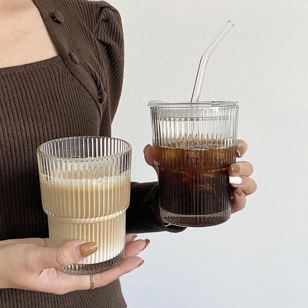 Copas de vino de 450ml, taza de cristal a rayas, taza de café con tapa y pajita, agua transparente, taza de té, jugo, leche, desayuno, bebida de hielo