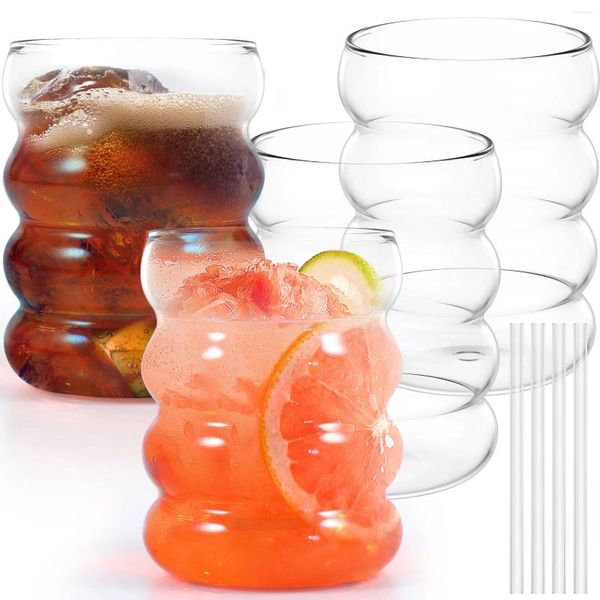 Verres à vin 4pcs bulles buy avec des pailles 10 oz de verre côtelé tasses résistantes à la température