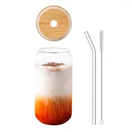 Verres à vin 500 ml de verre en verre tasse d'eau transparente avec du couvercle en bois de bambou cola et paille de paille