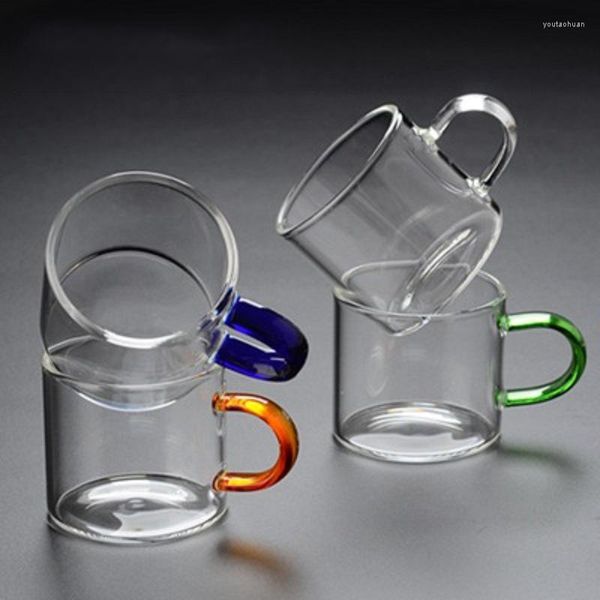 Verres à vin 6 pièces Mini tasse à thé ensemble avec Support en bois verre à haute teneur en Borosilicate poignée colorée chauffant Transparent Kungfu