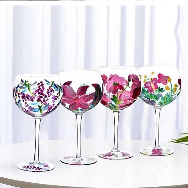 Copas de vino 610 ml Copas de vino de colores nórdicos Patrón de flores pintado a mano creativo Copa de vino tinto Copa de boda Cristal Champán Drinkware YQ240109