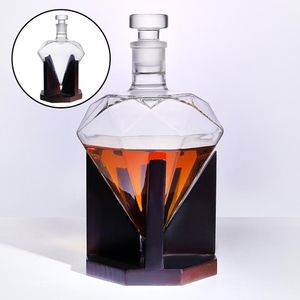 Verres à vin 850 ml Verre Diamant Whisky Carafe Vodka Vin Bourbon Vin Verseur Support En Bois Décoration Liqueur Alcool Carafes Bouteilles 221121