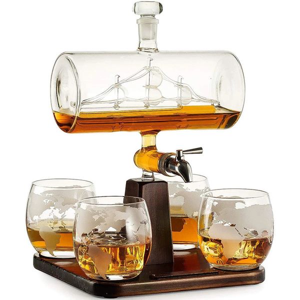 Juego de decantador de whisky con forma de barco antiguo y copas de vino con 4 vasos de vidrio, botella roja, bebida, licor, bourbon, vodka, brandy, coñac, ron, ginebra 230724
