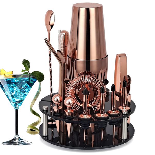 Copas de vino Bartender Kit 20 piezas Rose Gold Cocktail Shaker Set con soporte giratorio de acrílico para bebidas mixtas Martini Home Bar Tools 230113
