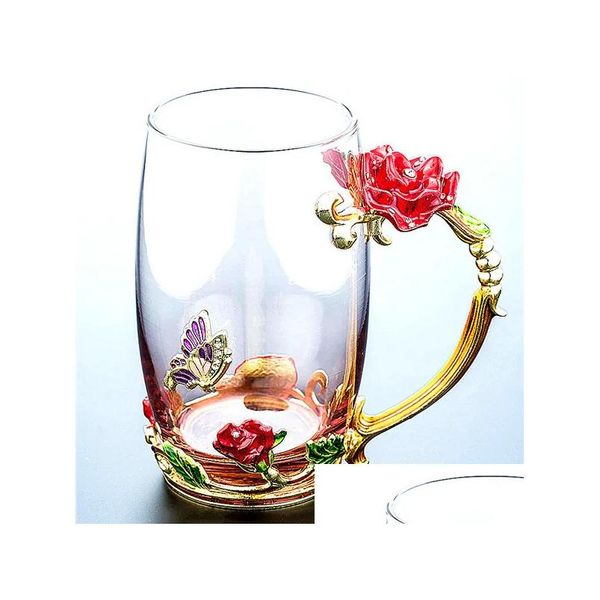 Verres à vin Beautif émail tasse d'eau verre ensemble de ménage fleur thé cristal café bière apporter un cadeau de mariage 320 / 350 ml Y200106 Drop D Dhfom