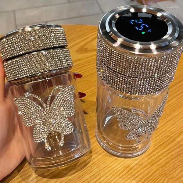 Verres à vin Bling Papillon Strass Double Paroi En Verre Bouteille D'eau Tasse Affichage De La Température Boisson Au Thé Avec Filtre Haute Borosilicate