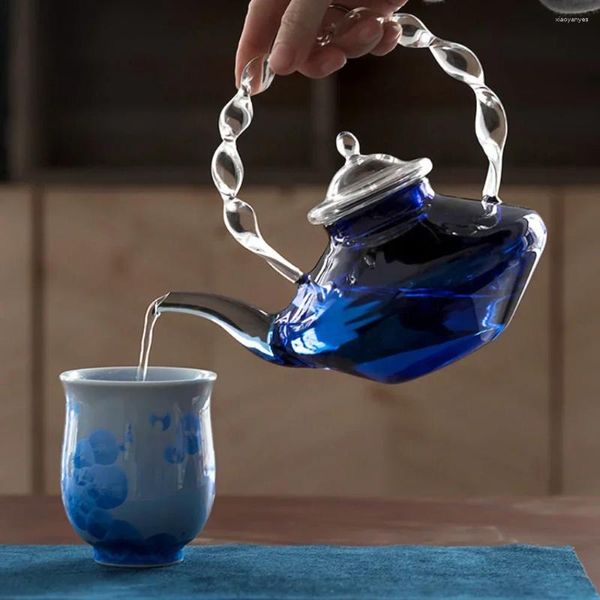 Copas de vino, tetera de cristal azul, taza de té, filtro de té, cafetera de malla resistente al calor, hervidor de cocina para el hogar, regalo exquisito 2024