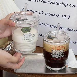 Wijnglazen Cartoon Beer Ins Glas Met Stro Koreaanse Kop Modieuze Melk Koffie Deksel Lekvrij Thee Jaar Cadeau