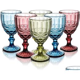 Copas de vino Copa de vidrio de color con patrón de diamante en relieve Glasre alto transparente para fiesta y entrega de gota Hogar Jardín Cocina Dini Dhjyp