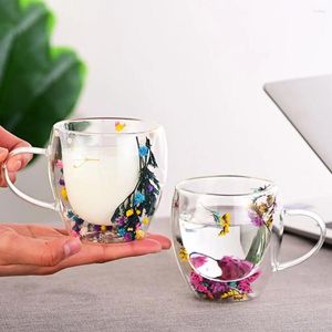 Wijnglazen creatieve dubbele muur koffie mok echt gedroogde bloem vulstof glazen kopjes kopje theekop met handgrepen hittebestendig cadeau