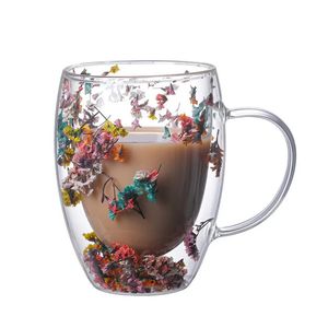 Copas de vino Taza de vidrio de doble pared creativa Flor real Concha Relleno de flash Tazas de vidrio Regalos de mano Tazas de vidrio de borosilicato alto con asas 230928