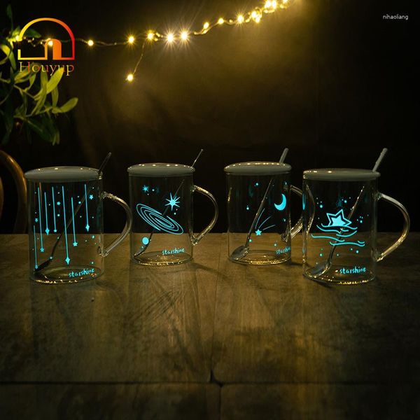 Copas de vino Noche creativa Luminoso Cielo estrellado Taza de cristal Pareja Taza de café Decoloración ligera Agua Pyrex brillante con tapa Cuchara