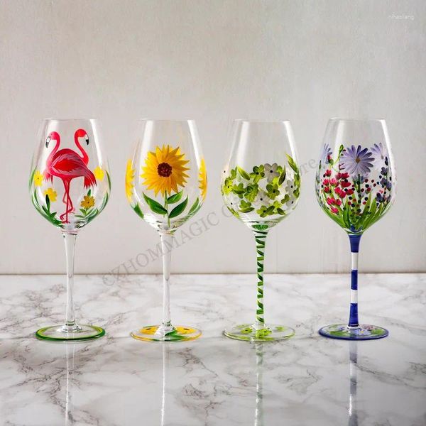 Copas de vino Vidrio de color nórdico creativo Patrón de flores pintado a mano Copa roja Copa de boda Cristal Tallo largo Bebidas de champán