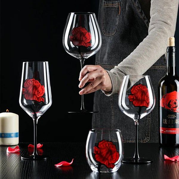 Copas de vino creativas vidrio rojo pintado a mano Rose impreso de champán Copa de agua Cóctel