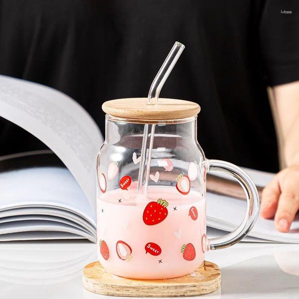 Copas de vino Taza de cristal de fresa creativa con tapa Linda Mujer Verano Gran capacidad Estudiante Agua Internet Celebridad Oficina Leche