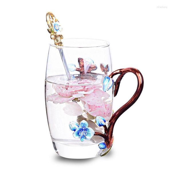 Verres à vin en verre de cristal, tasse à thé, à café, en émail, fleur de prunier, avec poignée en métal, boîte individuelle, cadeau parfait pour une mère