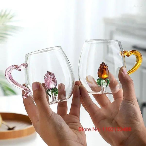 Verres à vin mignon petit déjeuner ménage Rose poignée café verre d'eau avec tasse goutte bière lait enfants fleur cadeau tasse