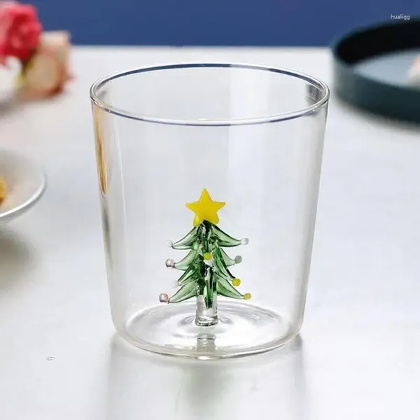 Copas de vino, taza de vidrio soplada a mano creativa bonita con hermoso árbol de Navidad 3D, taza de café exquisita, regalo de Navidad