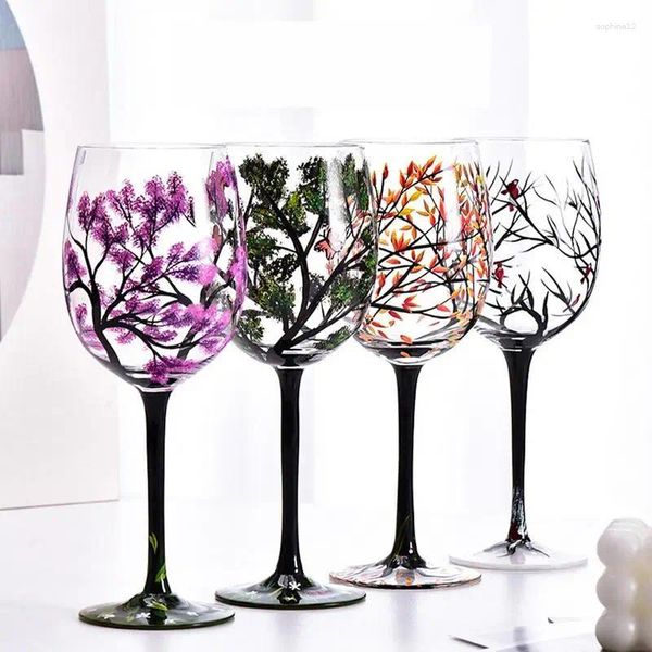 Verres à vin décoratifs arbre des quatre saisons, verrerie artisanale, idées cadeaux, ustensiles de boisson Lolita essentiels, outils d'art peints à la main pour la maison