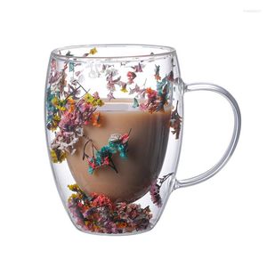 Wine Glasses Double Layers Glass Cup Heat Insulation With Dry Flower Sea Snail Coffee Juice Milk Beer Mug Classes Creative Handle