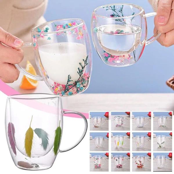 Casas de vino Copa de vidrio de doble pared de flores real Copias resistentes a las tazas resistentes al calentamiento Taza de té Café G J6A2