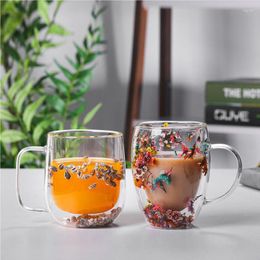 Verres à vin Tasse en verre à double paroi Tasse avec fleur sèche Conques d'escargots de mer Paillettes Garnitures Creative Café Jus Lait Belle cuisine cadeau