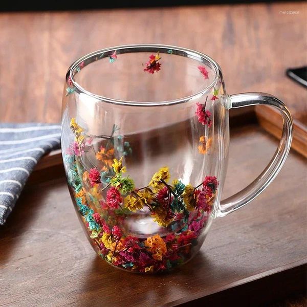 Verres à vin Fleurs Sèches Double Paroi Tasse En Verre Lait Tasse À Café Cadeau Créatif Véritable Fleur Conque Flash Main Avec Haute Beauté Haute température