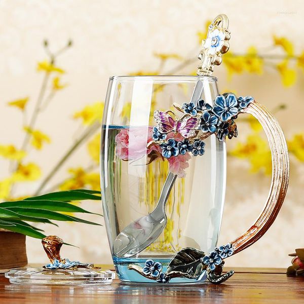 Verres à vin émail coloré fleur tasse à thé Ins pratique verre à eau bouche boire du café avec une cuillère