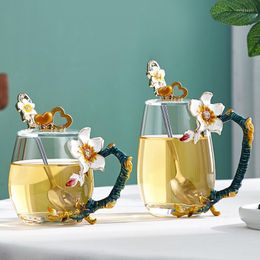 Verres à vin émail cristal verre fleur thé tasse à eau avec couvercle cuillère cuisine ustensiles à boire décoration de la maison coffret cadeau créatif ensemble