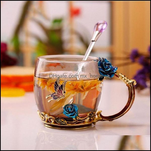 Verres à vin Émail Rose Coupe en verre avec poignée exquise et cuillère 3D Papillon Lait Jus Tasse Fleur Thé Cadeau De Mariage Drop Livraison 2021 Dr