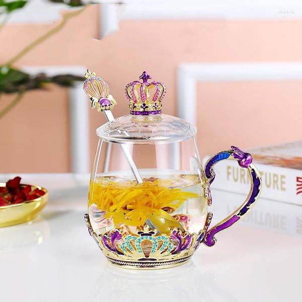 Copas de vino Taza de agua de cristal esmaltado Té perfumado resistente al calor con correa de cubierta para sujetar la corona de la taza de té de oficina para hombres y mujeres