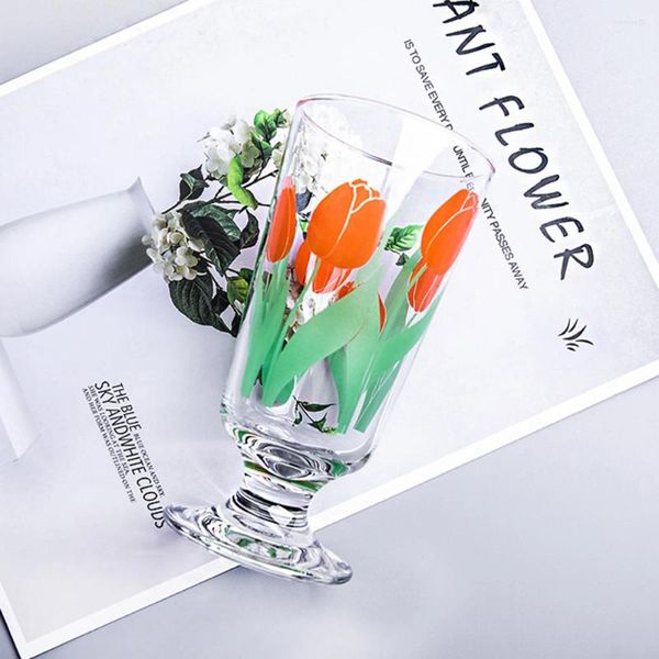 Verres à vin Modèles de fleurs 320 ml coréen tulip marguerite verre jus tasse imprime rose cosmos gobelet créatif gobelet à boire cadeau