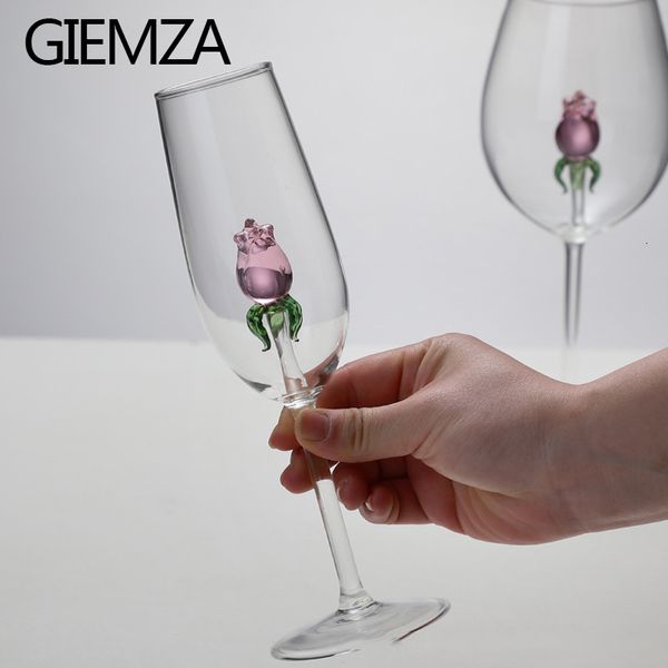 Verres à vin GIEMZA Rose Verres pour Champagne Mariage Verres à Boire Gobelet Verre Copones Fait Main Fleur Calici Vino avec Gravure 230718