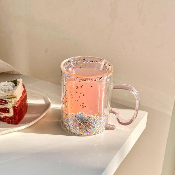 Verres à vin Girly coeur bulle tasse Double verre tasse étoile paillettes café lait résistant poignée tropicale cadeau petit