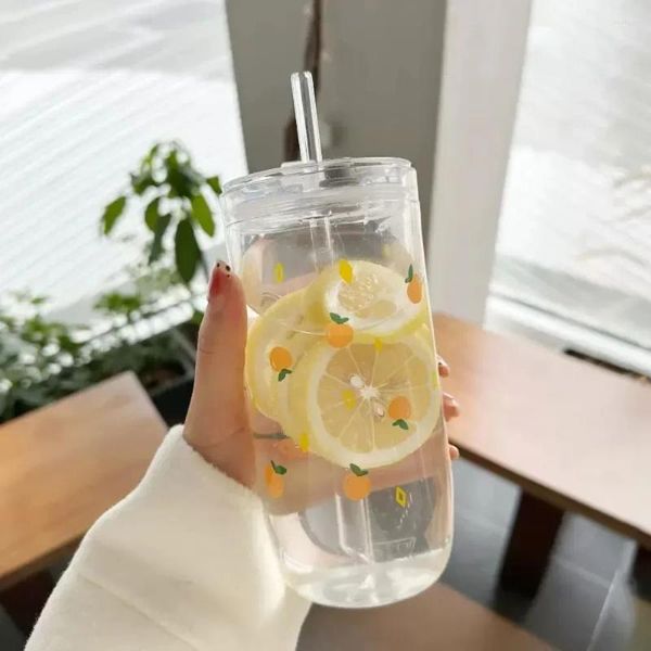 Copas de vino, copa de cristal, flor Kawaii con tapa con pajita, bonita taza de café naranja, bebidas con leche, regalo para beber coreano, 600ml, agua, zumo, té