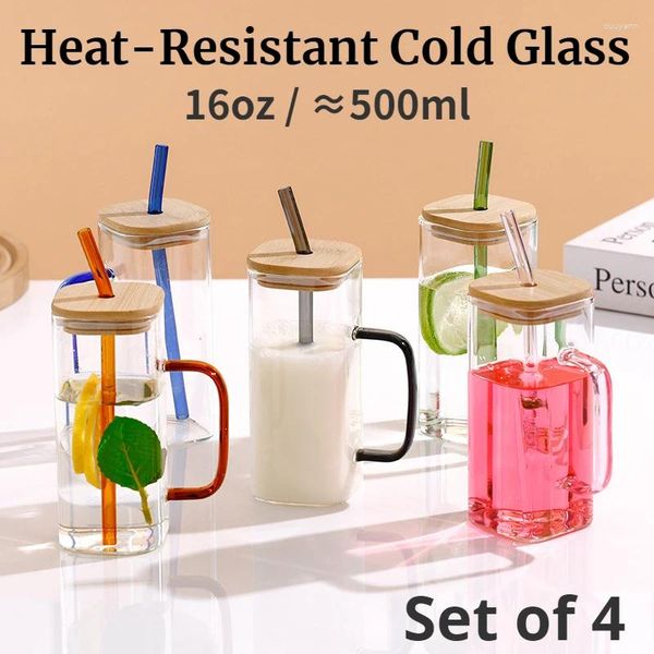 Verres à vin tasses en verre avec bambou lids-straw 4pcs set 16 oz y glacé buvant un gobelet mignon idéal pour le jus de thé cocktail de soda