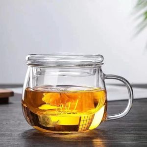 Copas de vino Mano de alta calidad Durable 3 en 1 Juego 300 ml Taza de café de té transparente resistente al calor con tapa de filtro de infusor Uso para la oficina en casa