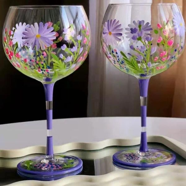 Copas de vino Copa de cristal de flores pintada a mano Copa de cristal roja sin plomo Helado Cóctel Corto