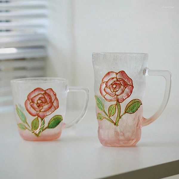 Verres à vin Tasse en verre Rose Rose peinte à la main avec poignée boisson froide café thé tasse eau bureau à domicile Drinkware tasse à thé 240 ML/300 ML cadeau