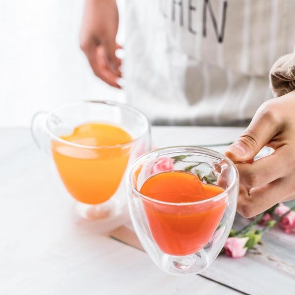 Verres à vin en forme de cœur, Double couche, poignée en verre, tasses de Couple, café, thé au lait, jus Anti-brûlure