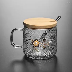 Verres à vin Tasse de café en verre résistant à la chaleur avec couvercle et bureau de cuillère incrustation enracieuse de fleur de thé à thé