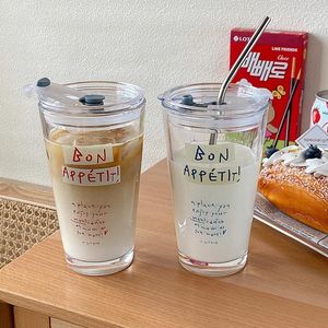 Verres à vin tasse d'eau en verre résistant à la chaleur avec couvercle paille créative alphabet lait jus de lait maison