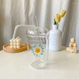 Wijnglazen Hoge borosilicaat Glasstroopbeker met deksel met grote capaciteit Melk theesap Drink Cartoon Printing Vaso Con Tapa Y Pajita