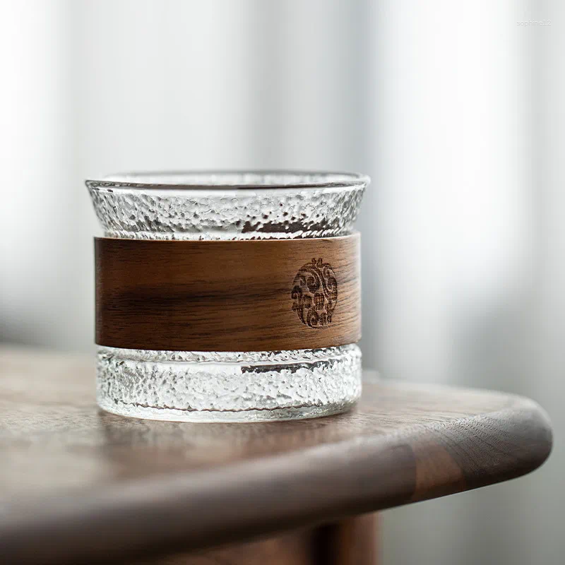 Bicchieri da vino in vetro ad alto contenuto di borosilicio, whisky, vodka, motivo creativo a strisce verticali con anello a tazza in legno