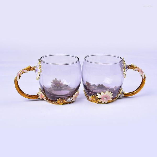 Copas de vino de alto grado creativo boda regalos de cumpleaños damas elegante lujo esmalte cristal flor taza café té jugo amantes taza
