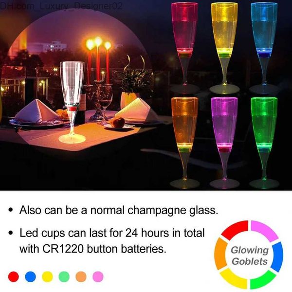 Copas de vino Venta caliente 6 piezas LED Vino Copas de flauta de champán Líquido de agua Activado Intermitente Tazas de luz Vasos de vidrio Cocina Comedor Bar Q240124