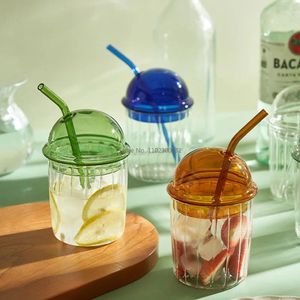 Verres à vin Ins Style français, tasses Bobo en verre résistant à la chaleur avec paille, couvercle transparent de grande capacité pour café, lait et eau