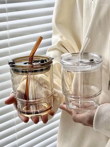 Verres à vin Ins Slub Glass Paille Tasse double café à boire avec le lait de lid