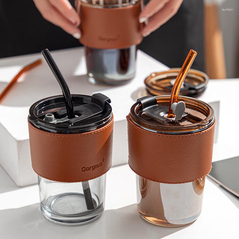 Wine Glasses Ins Style Coffee Cup Glass Mug Cups With Lids And Straws Leak-proof Kawaii Beautiful Tea Mugs Leather SleeveTableware